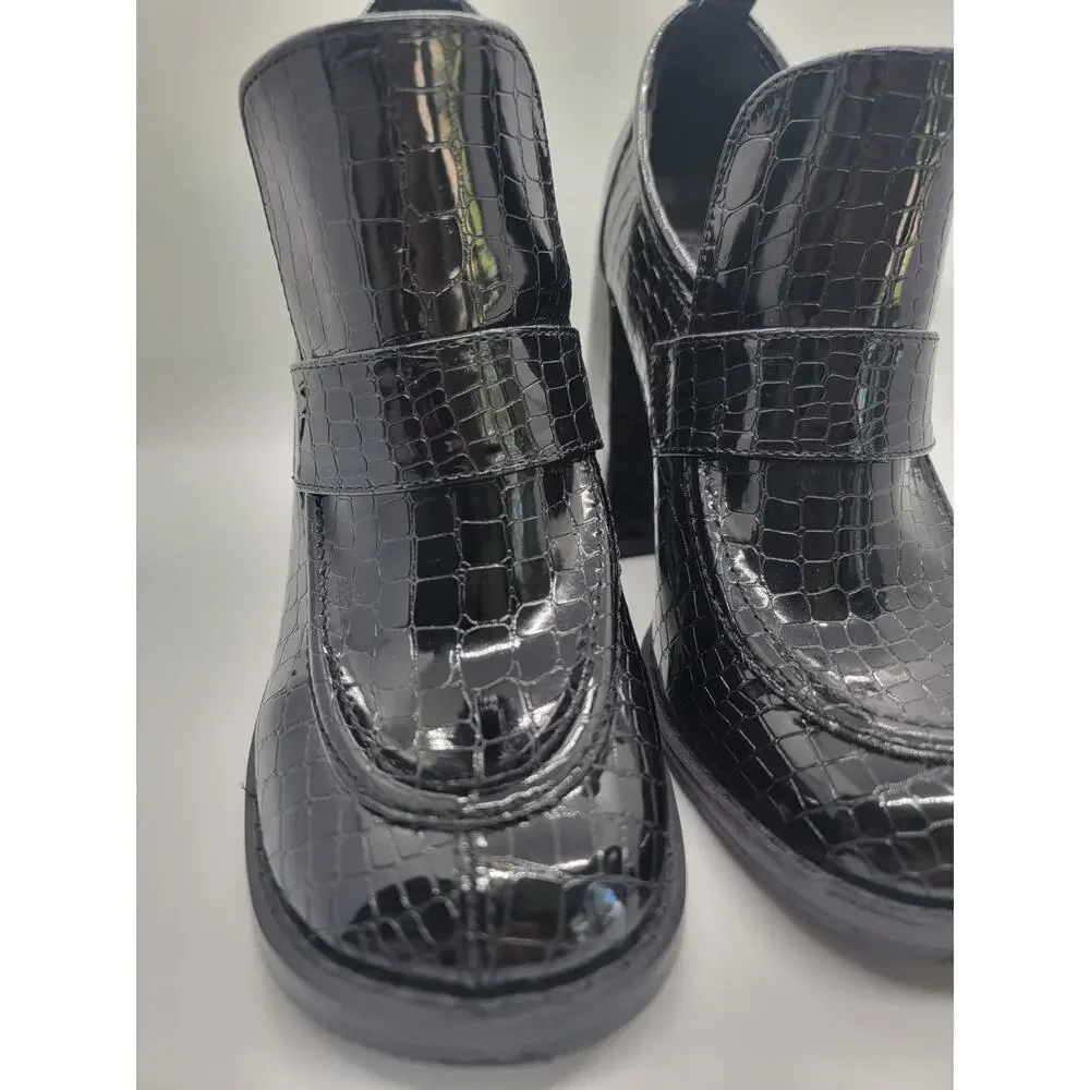 Koi Footwear Black Vegan Chunky Heel Slip-On Shoes UK 4 Snake Print Square Toe🖤
